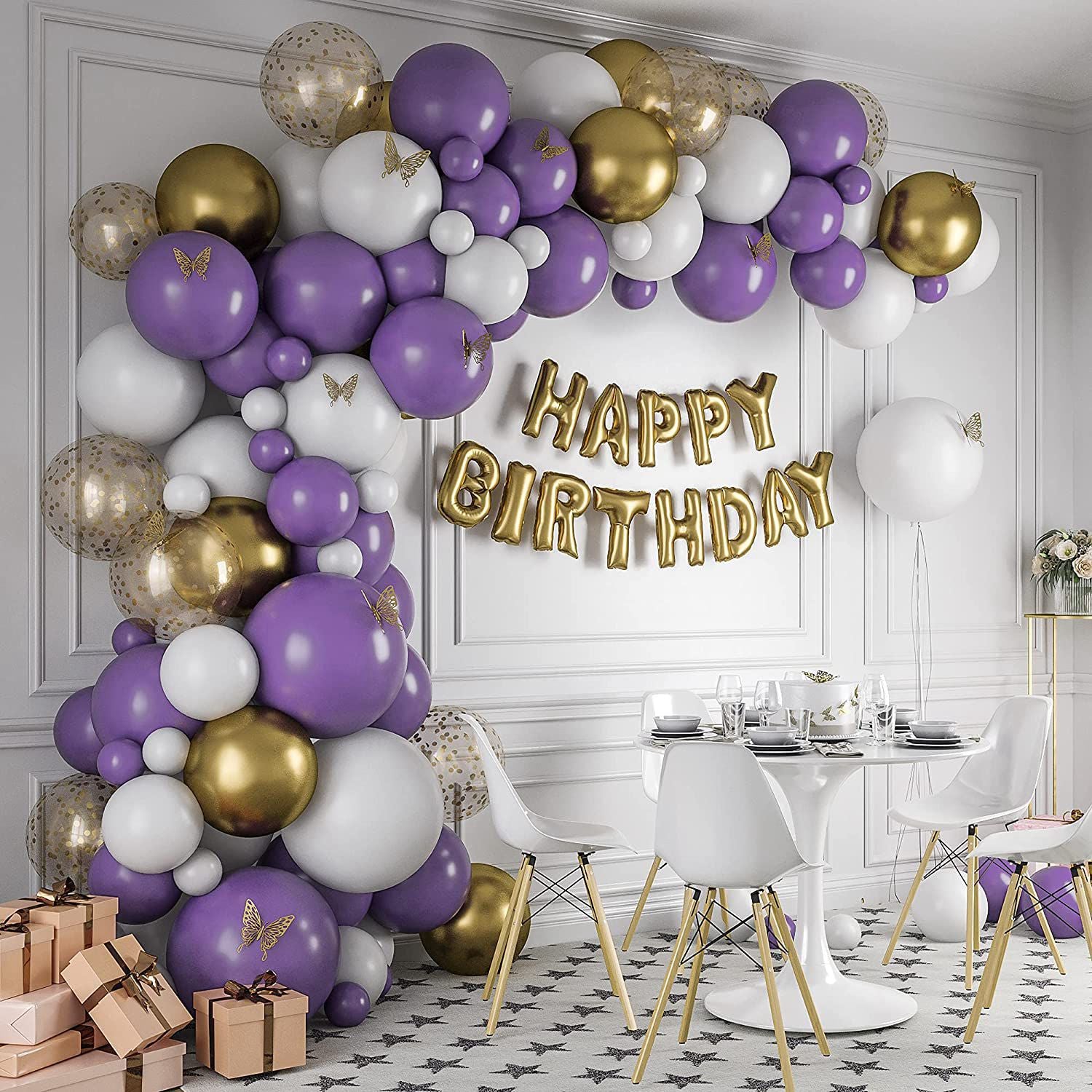 White Purple Balloon Garland Arch Kit Butterfly Theme Gold Confetti Foil Banner Girl Birthday Party Supplies Inflatable Decorations