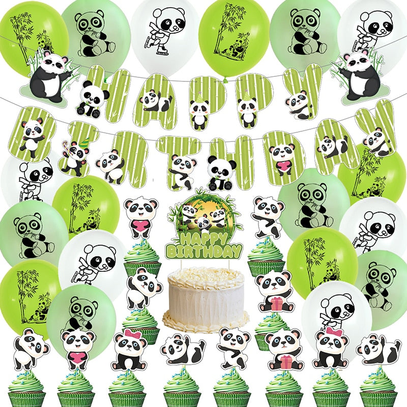 Panda Themed Birthday Party Decorations Green Balloons Set Happy Birthday Banner Cake Topper for Kids Party Supplies PartyDecorHQ