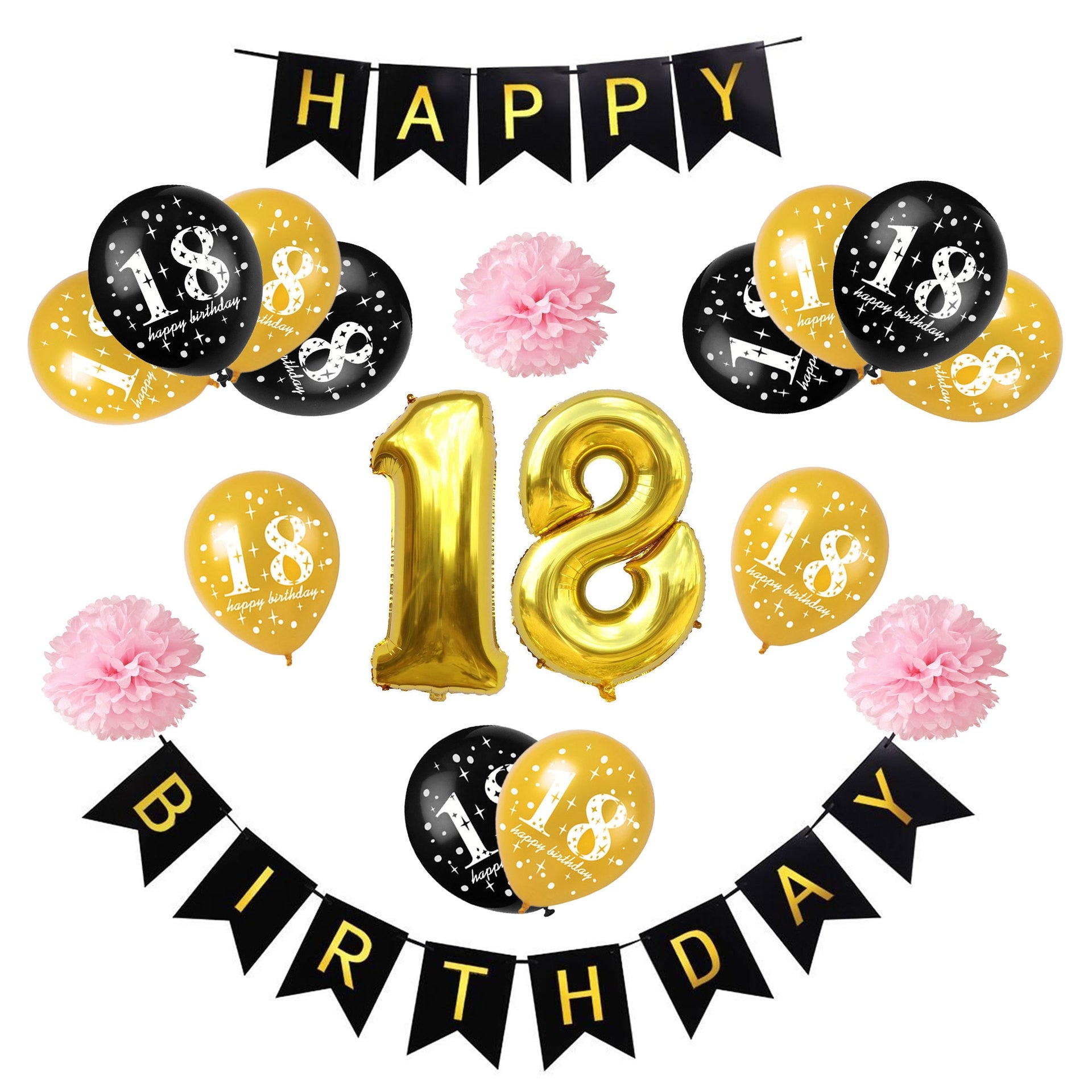 Party Decoration Gold Black Happy Birthday Banner Paper Pompom Balloon Set th Boys Girls Supplies 