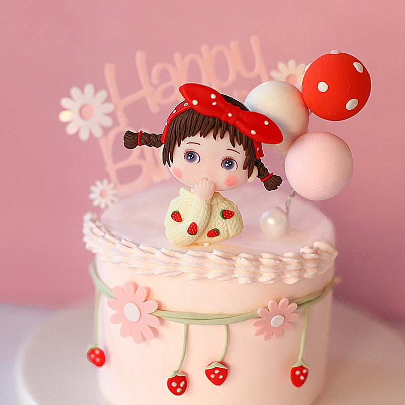 Pink Princess Girl Strawberry Decoration Hot Air Balloon Wedding Party Supplies Star Happy Birthday Cake Topper Baking Love Gift 