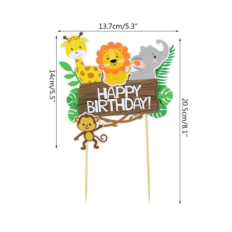 Forest Cartoon Animal Cute Green Leaf Cake Topper Children Birthday Theme Party Lion Giraffe Elephant Monkey Cupcake Insert Card PartyDecorHQ