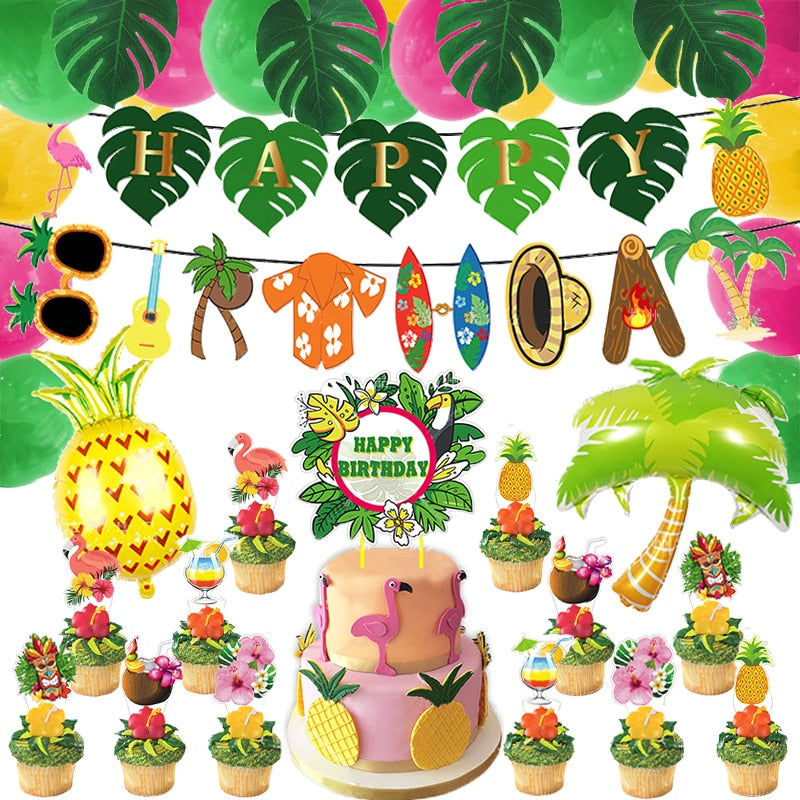 Summer Hawaii Themed Birthday Party Decoration Supplies Balloon Set Banner Cake Topper 