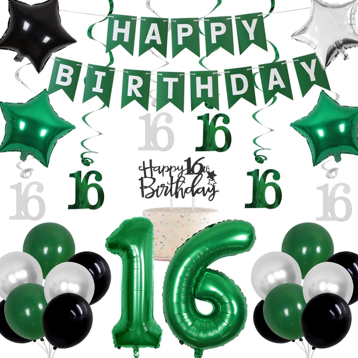 16th Birthday Party Decoration Green Balloon Hanging Swirls Banner Cake Topper 16 Year Old Birthday Party Supplies PartyDecorHQ