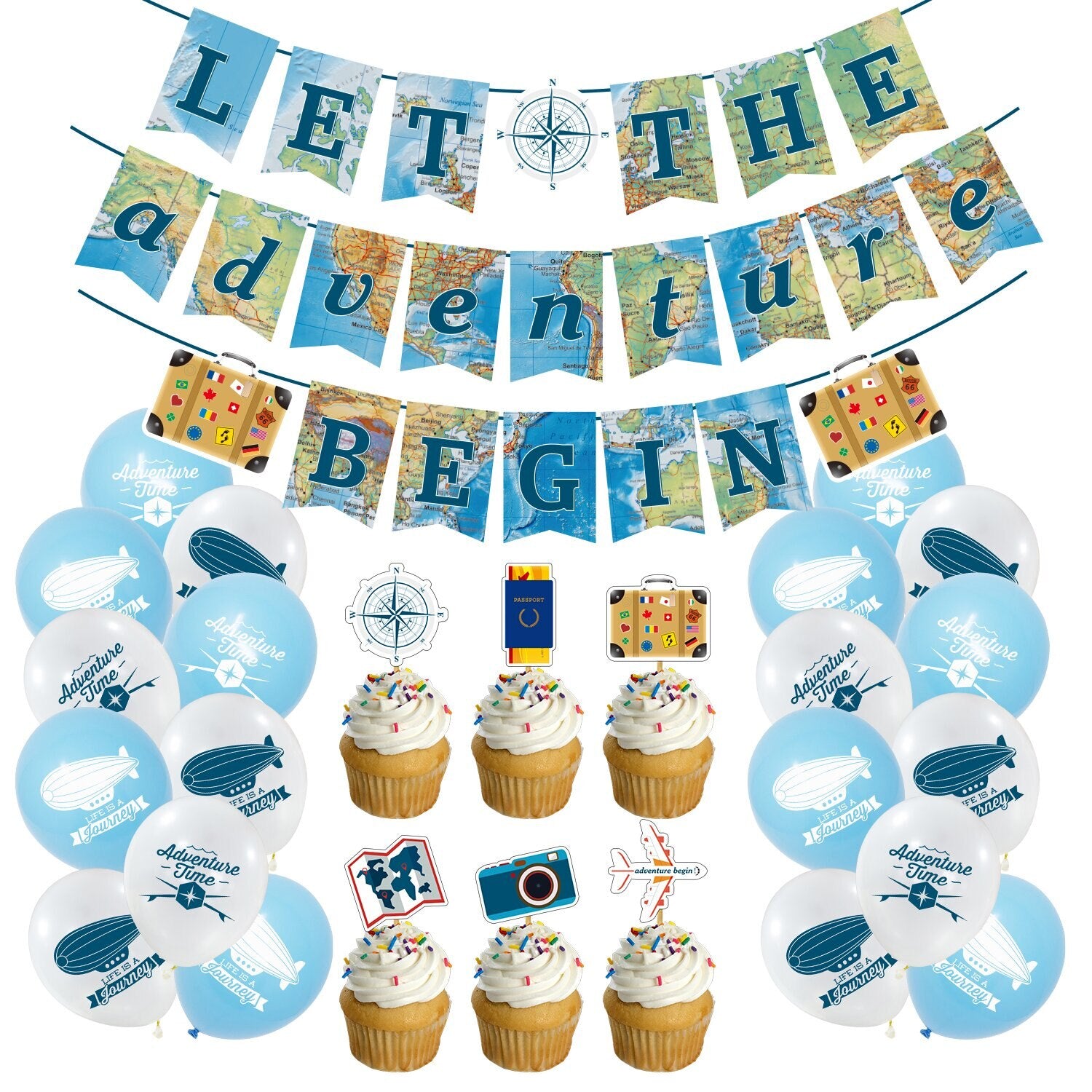 Retirement Travel Theme Party Decoration Adventure Plane Map Elements Balloons Banner Cake Topper Set Supplies 