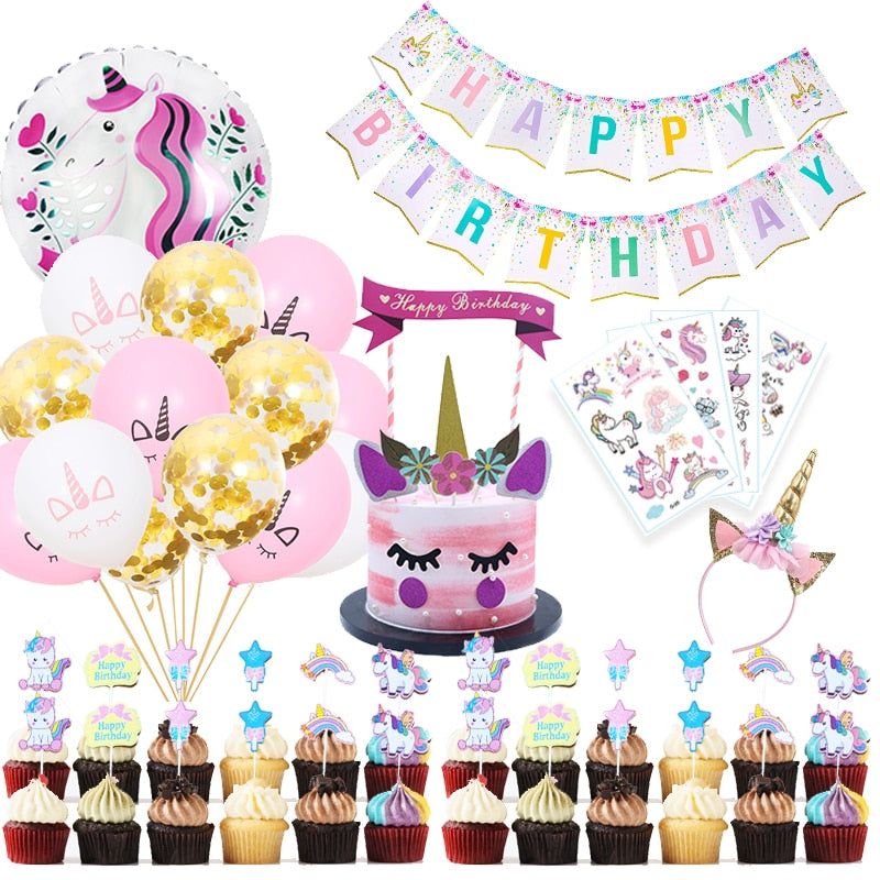 Unicorn Themed Party Decorations Pink Purple Confetti Balloon Set Banner Cake Topper Sticker Birthday Supplies 