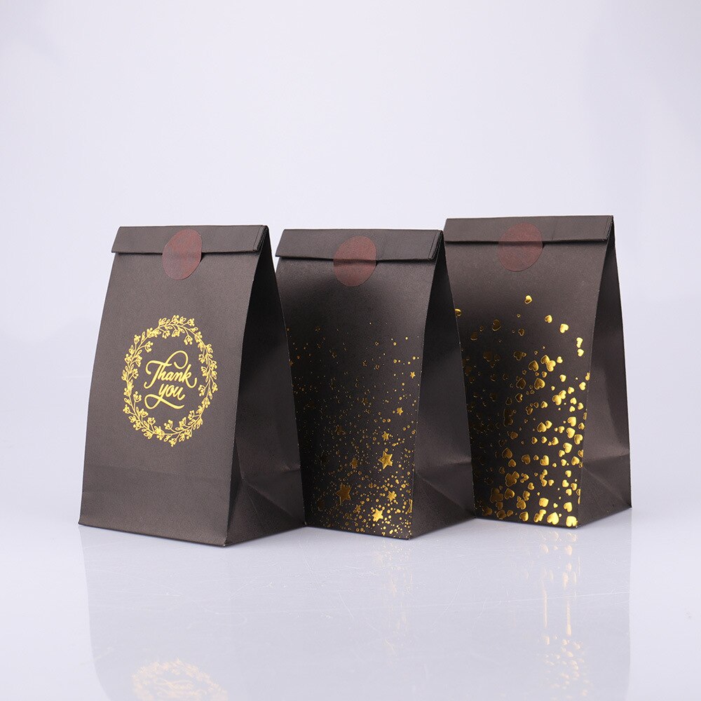 pcs Thank Love Gift Bag Sticker Bronzing Black Kraft Paper Bags Wedding Birthday Party Candy Cookie Packaging 