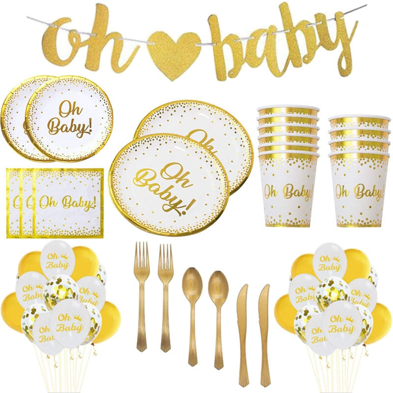 Baby Shower Party Supplies Disposable Tableware Set OH BABY Paper Plates Cups Napkins Tablecloths Baptism 