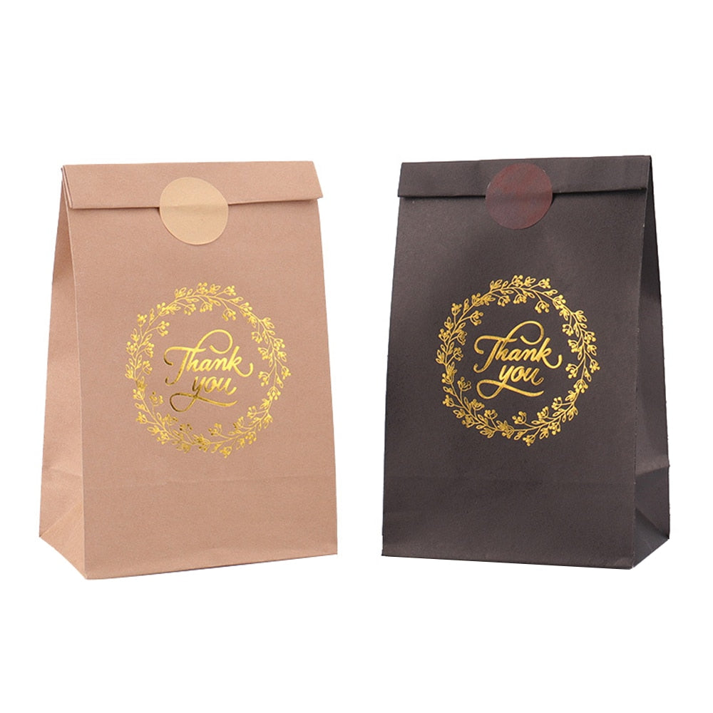 pcs Thank Love Gift Bag Sticker Bronzing Black Kraft Paper Bags Wedding Birthday Party Candy Cookie Packaging 