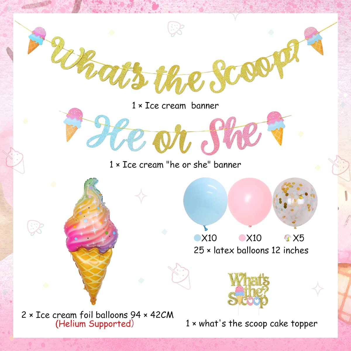 Gender Reveal Theme Party Decorations What’s Scoop Banner Ice Cream Foil Balloons Supplies 