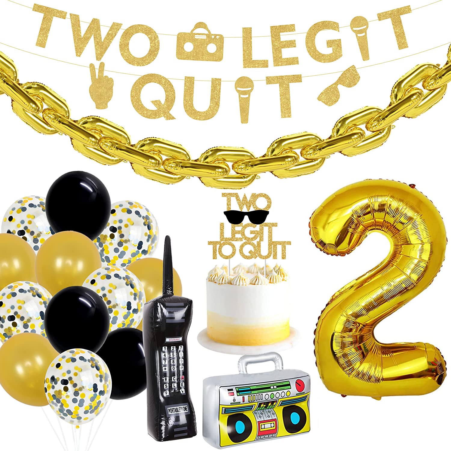 Two Legit Quit Party Decorations Banner Cake Topper Gold Chain Balloon Boys Hip Hop nd Birthday Supplies 