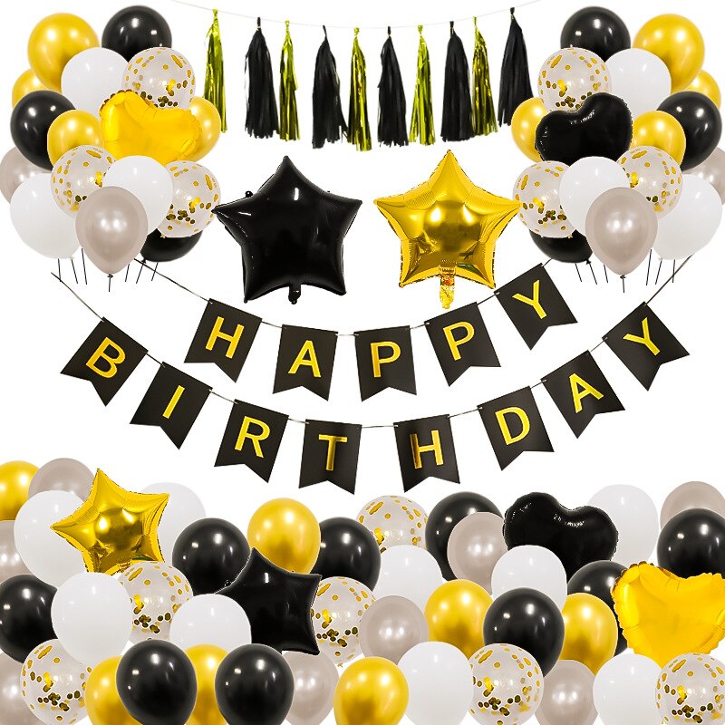 Black Golden Party Decorations Set Happy Birthday Banner Star Heart Foil Balloon Curtain th Supplies 