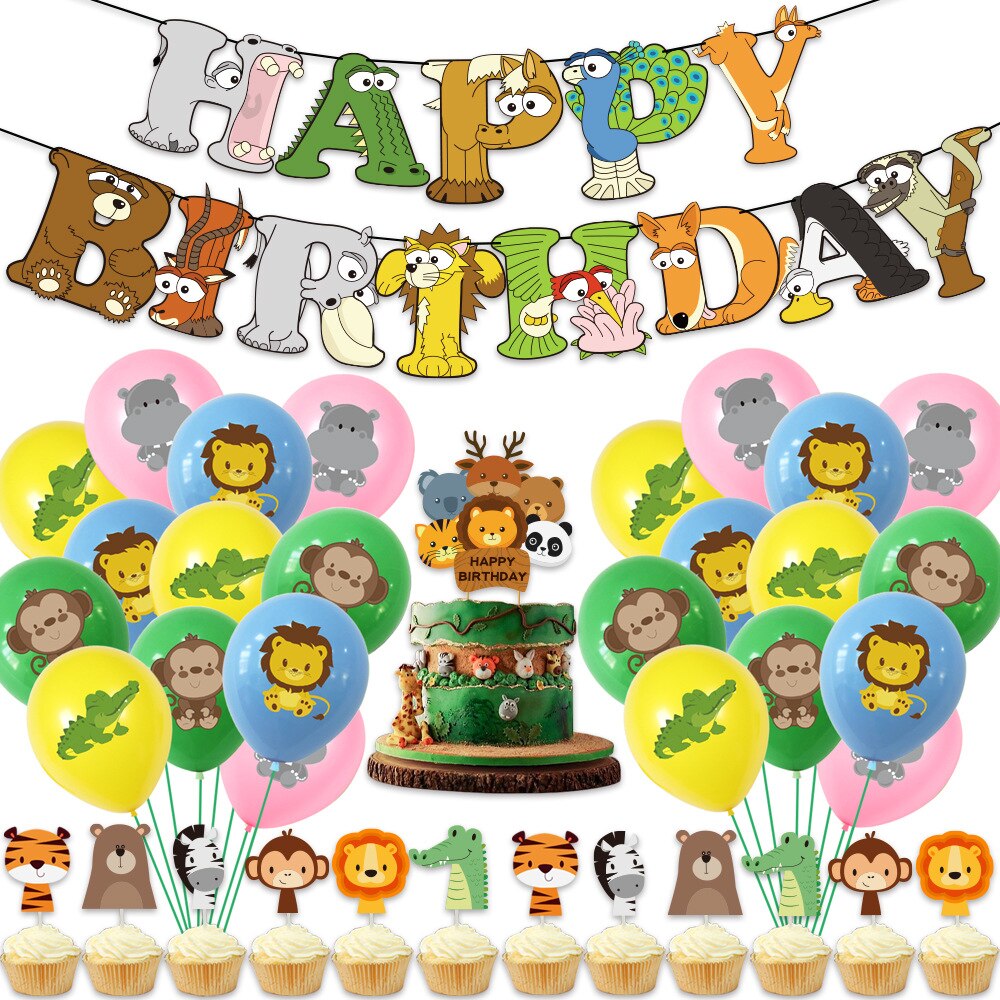 Jungle Animal Theme Party Decoration Happy Birthday Banner Tiger Cake Toppers Latex Balloon Birthday Party Supplies PartyDecorHQ