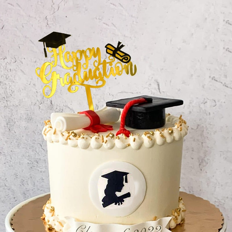 3pcs Happy Graduation Acrylic Cake Toppers Gold Black Congrats Grad Cake Topper for Class of 2022 College Celebrate Party Decor PartyDecorHQ