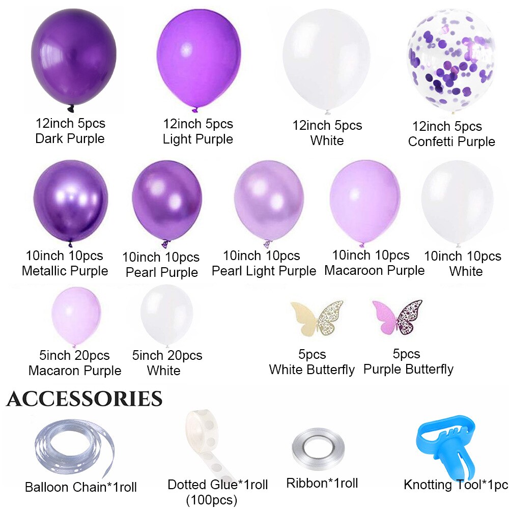 124pcs Wedding Balloons Garland Arch Kit White Purple Balloon Anniversary Gifts Birthday Party Decoration Festive Globes PartyDecorHQ