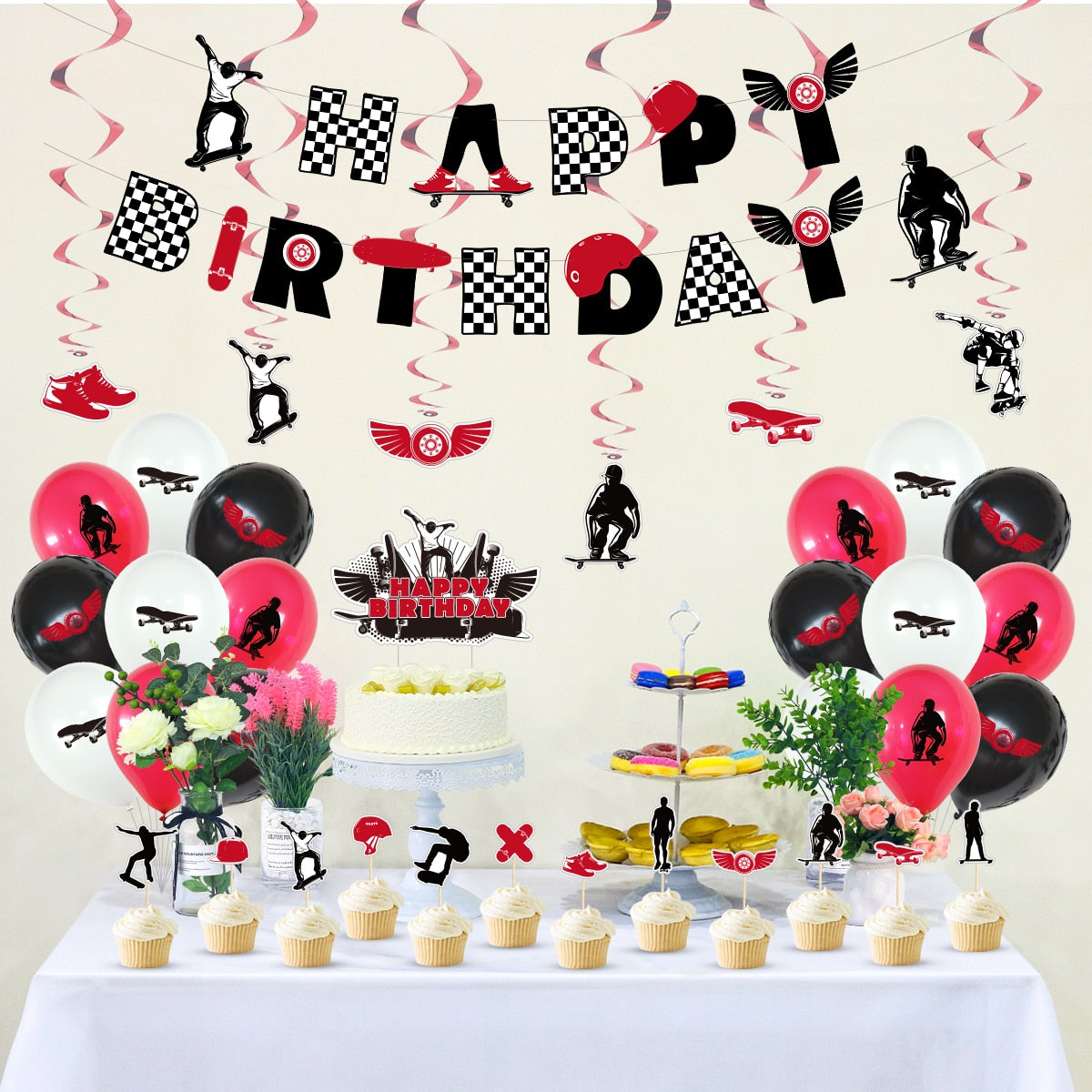 Skateboard Themed Party Decorations Black Red Latex Balloons Set Letters Banner Cake Topper Birthday Supplies 