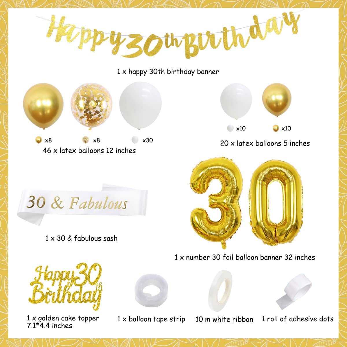 30th Birthday Party Decorations Gold Balloon Garland Arch Kit Happy 30th Birthday Banner Cake Topper Party Supplies PartyDecorHQ