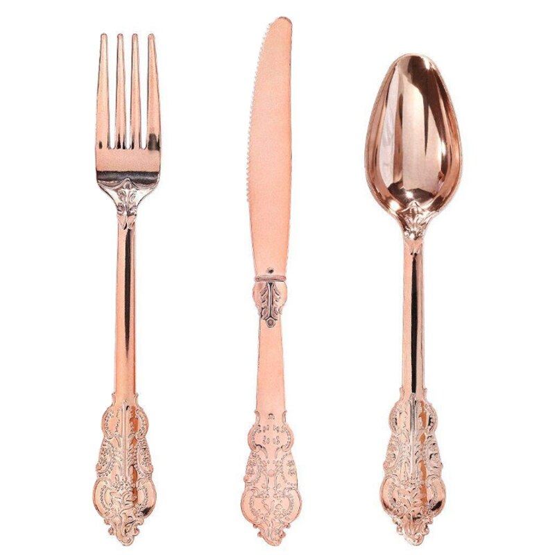 Pcs Rose Gold Disposable Tableware Kit Plastic Knives Forks Spoon Wedding Birthday Party Decoration Festival Supplies 