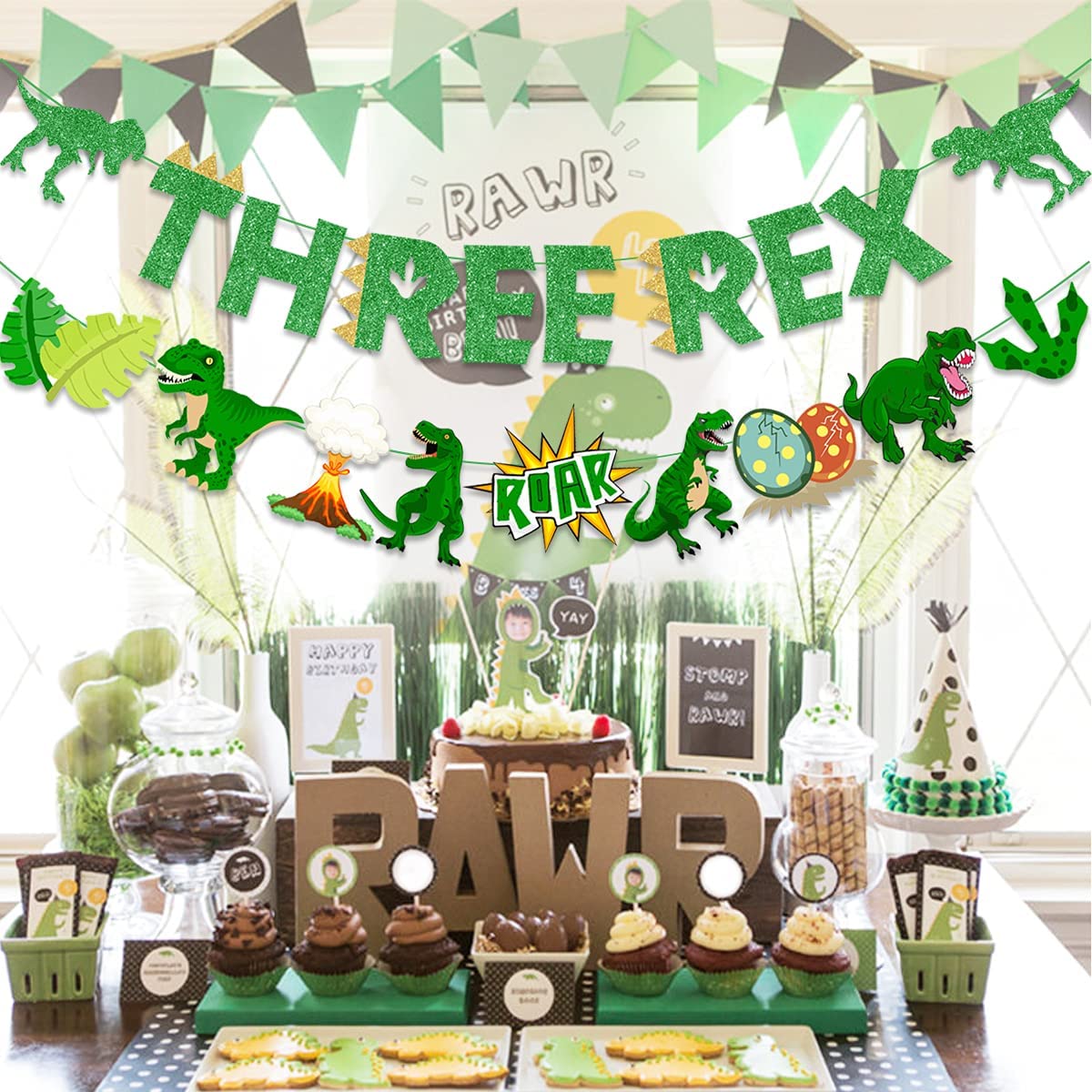 Dinosaur Theme Party Decorations Green Three Rex Banner Boys Girls rd Birthday Supplies 