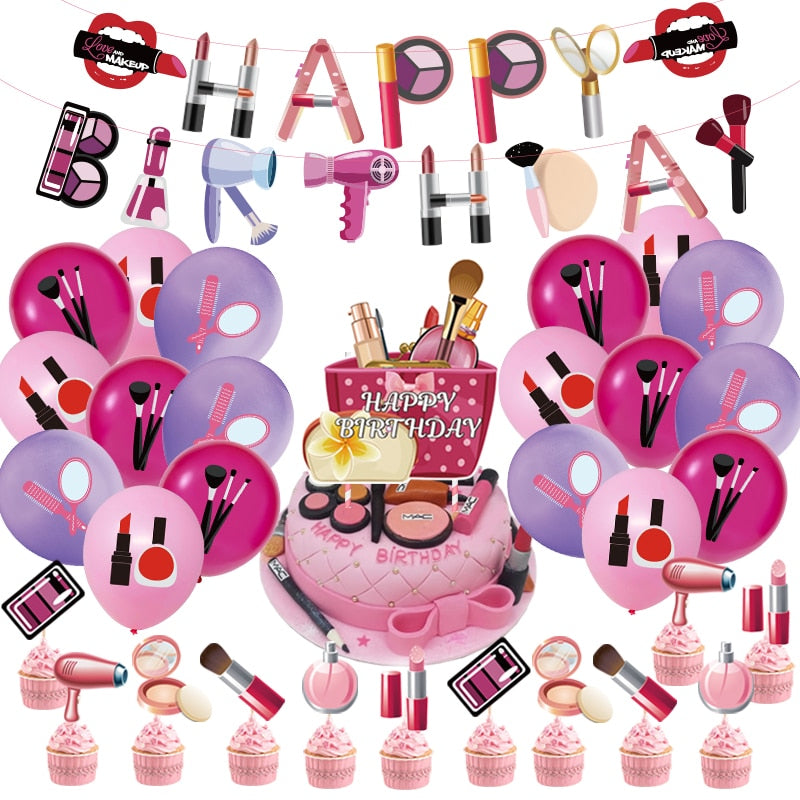 Makeup Theme Party Decoration Balloons Set Happy Birthday Lipstick Banner Cake Toppers Girls Supplies 