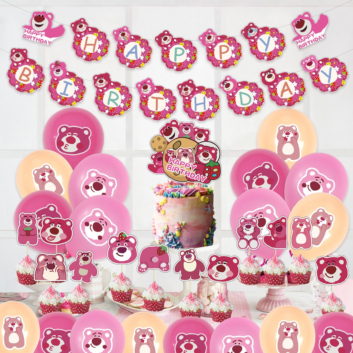 Strawberry Bear Theme Party Decoration Inch Pink Latex Balloon Banner Cake Topper Supplies 