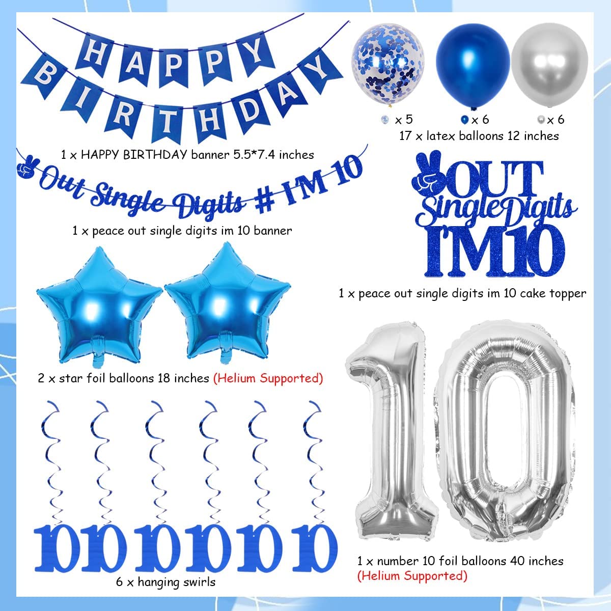 th Birthday Party Decorations Blue Peace Single Digits Tenth Hanging Swirls Banner Cake Topper Supplies 