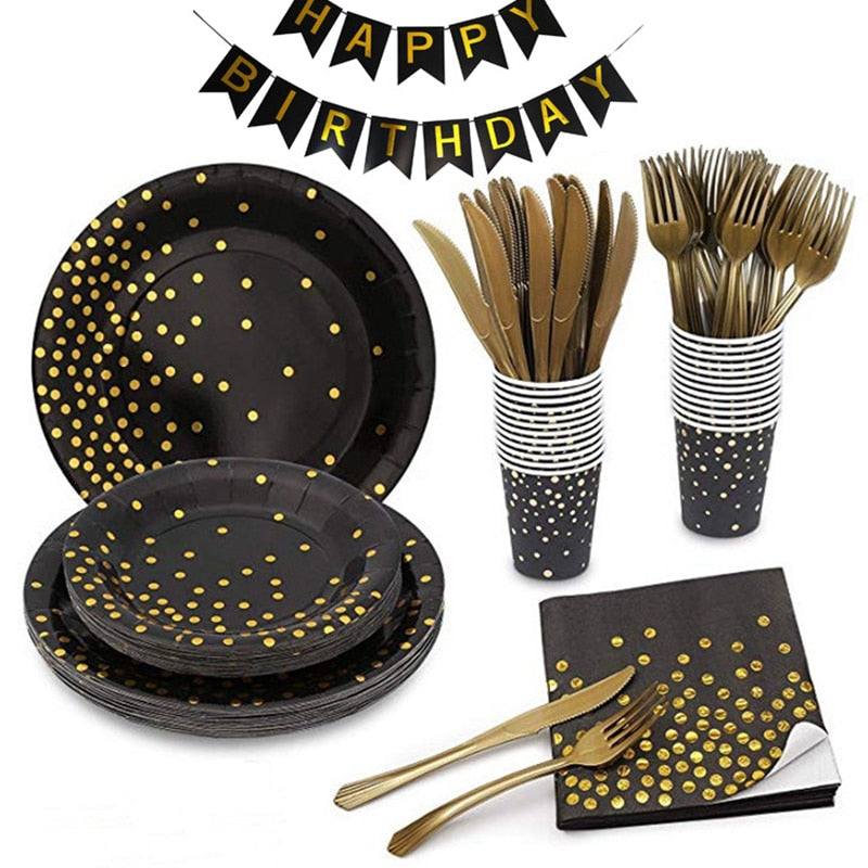 Disposable Tableware Set Decoration Black Gold Balloons Birthday Party Decor Kids Ball Paper Supplies Home Globos 