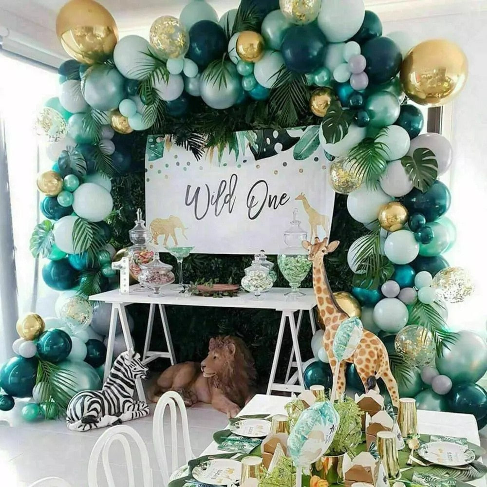 Jungle Theme Party Decorations Dark Green Gold Confetti Balloons Set Palm Leaves Baby Shower Birthday Supplies Inflatable