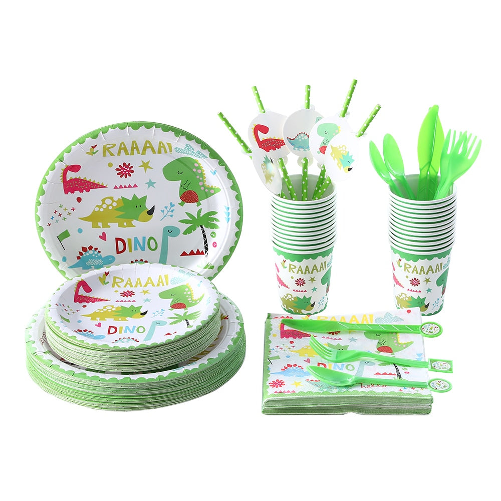 Cute Dinosaur Birthday Decorations Disposable Tableware Plates Cups Jungle Dino Party Banner Kids Summer Supplies 