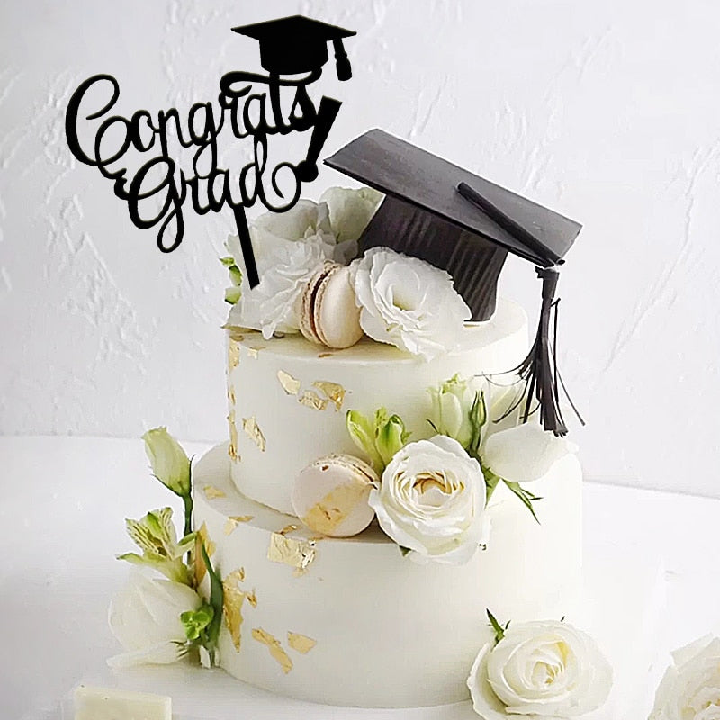 Class Cake Topper Congrats Grad Gold Black Acrylic Cupcake Toppers Graduations College Celebration Party Decorations 