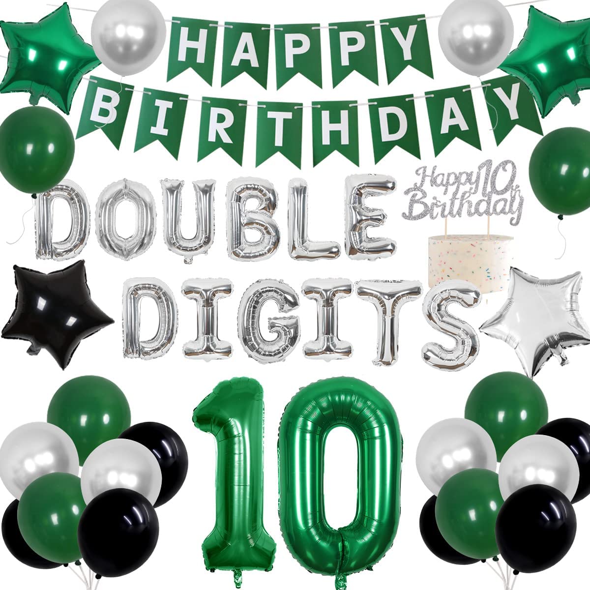 Green th Birthday Party Decorations Double Digits Balloons Banner Cake Topper Year Old Decor 