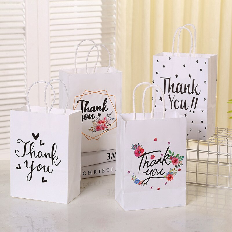 pcs Thank Tote Bag White Paper Gift Bags Candy Cookie Packaging Wedding Birthday Party Decoration Baby Shower Supplies 