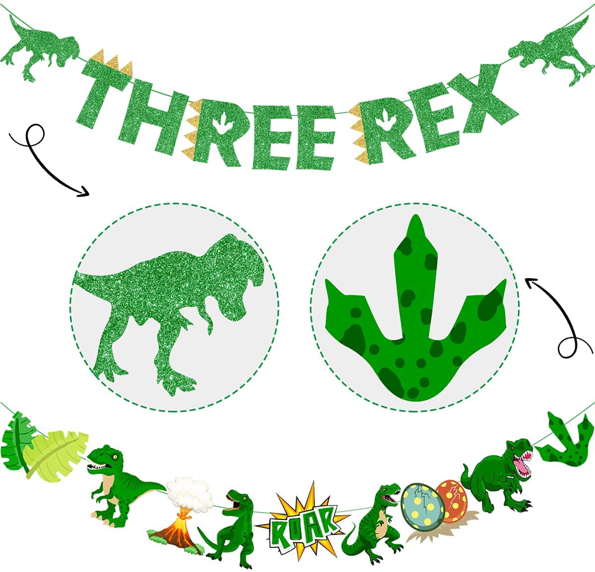 Dinosaur Theme Party Decorations Green Three Rex Banner Boys Girls rd Birthday Supplies 