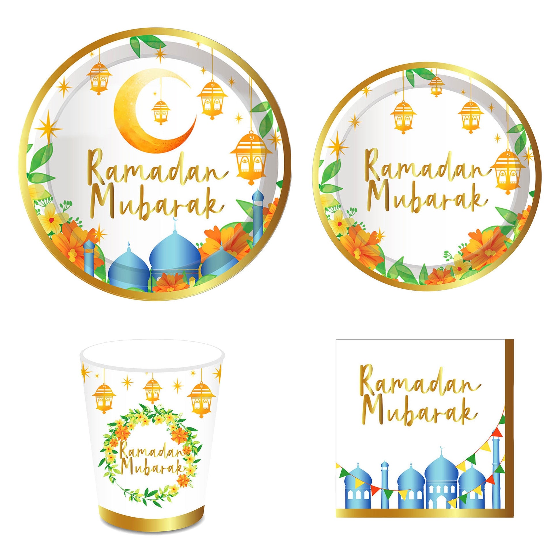 Gold Ramadan Mubarak Party Decoration Disposable Tableware Dinner Plate Cup Tissue Set Festival Arrangement 