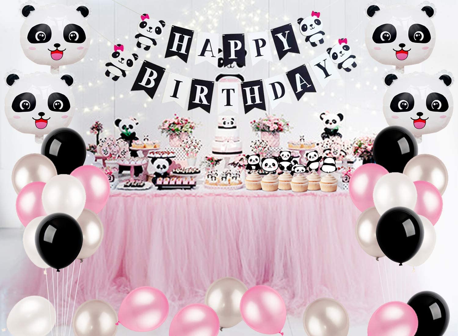 Panda Theme Party Decoration Black White Balloon Set Happy Birthday Banner Cake Toppers Supplies 