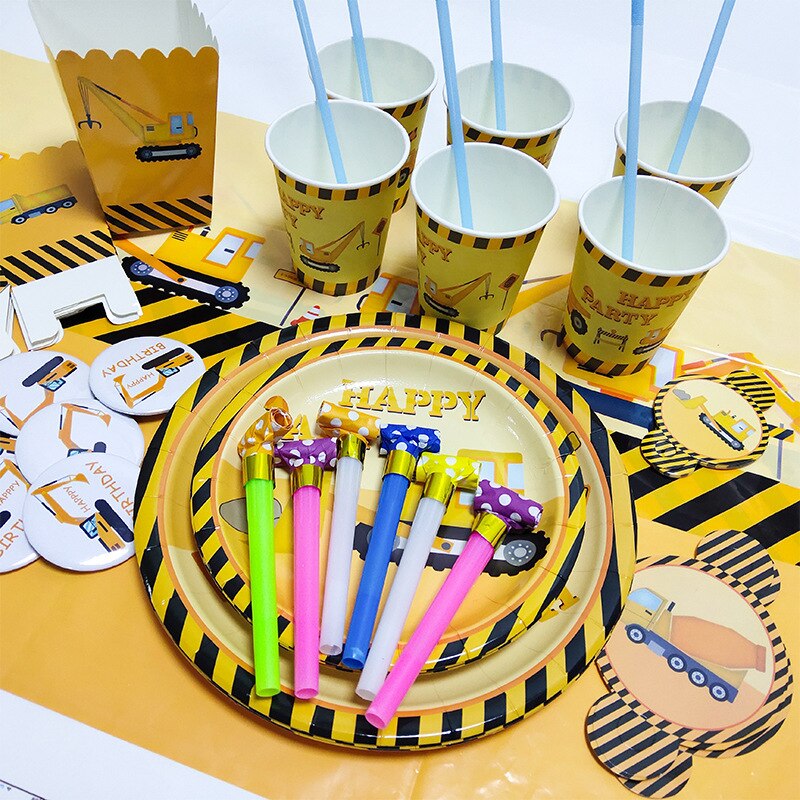 Traffic Vehicle Excavator Letter Banner Tableware Paper Plate Cup Toy Boy st Birthday Party Supplies 