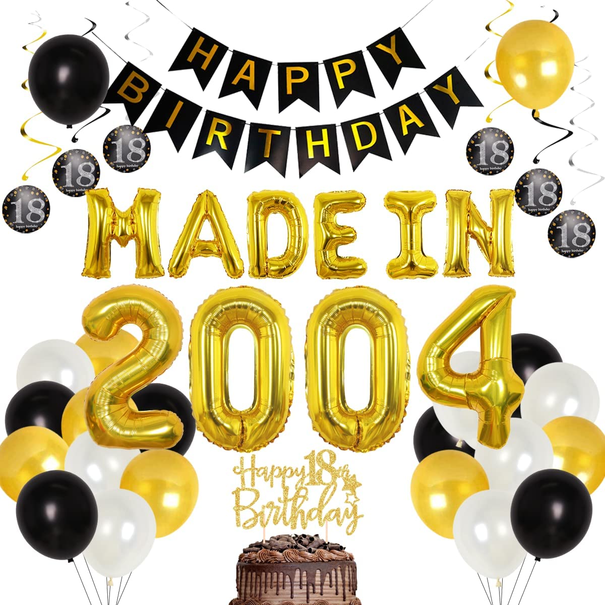 Golden Black Balloon Set Made In 2004 Foil Balloons Banner Cake Topper Hanging Swirls 18th Birthday Party Decorations PartyDecorHQ