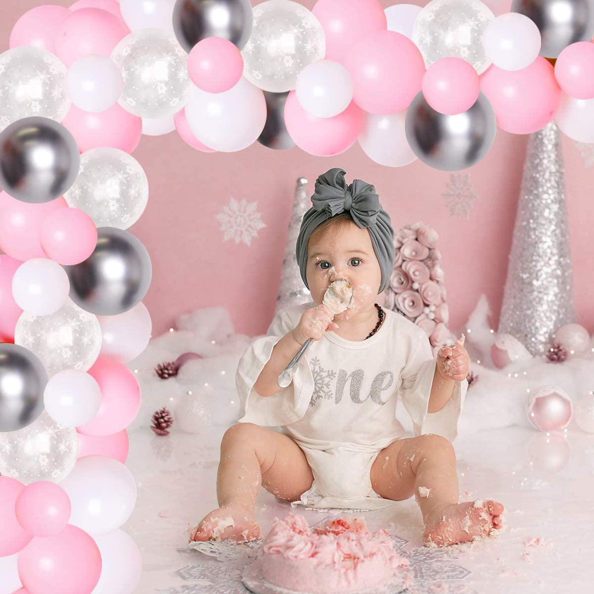 Winter Theme Party Decorations Pink Sliver Snowflake Balloon Set Photo Banner Girl st Birthday Supplies 