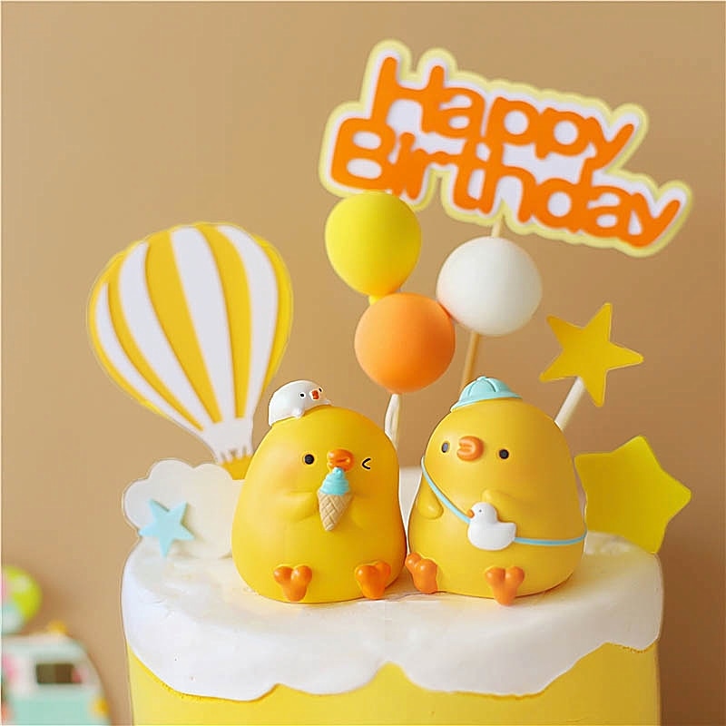 Yellow Chicken Hot Air Balloon Cake Topper Theme Birthday Party Decoration Animal Cupcake Holiday Kids Supplies 