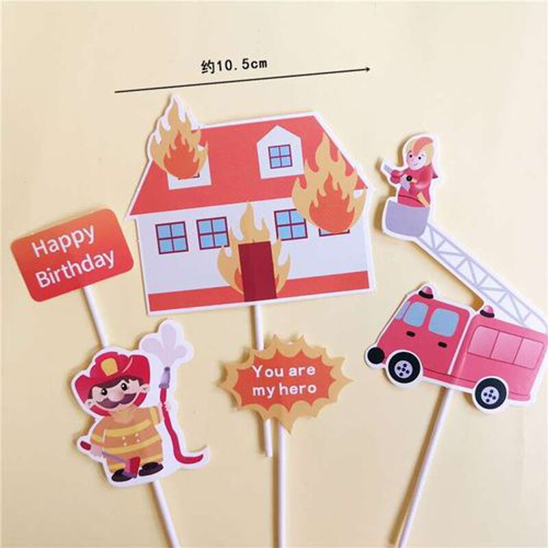 Happy Birthday Cake Toppers Party Supplies Fireman Set Fire Ladder Truck Decoration Boy Children's Day Decorate Gifts 