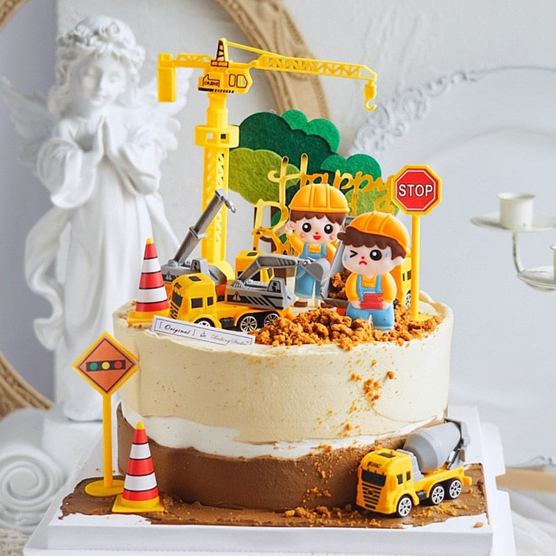 Boys Engineering Vehicle Cake Decor Digging Machine Toppers Crane Decors Happy Birthday Party Toys Gift 