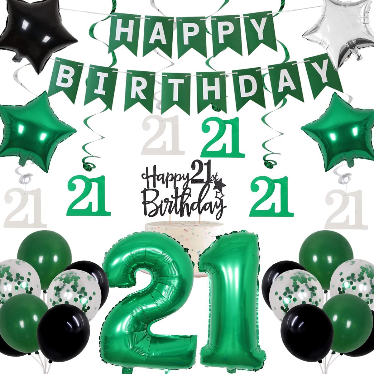 21st Birthday Party Decorations Green Banner Cake Topper Number 21 Foil Balloon  21 Year Old Birthday Party Supplies PartyDecorHQ