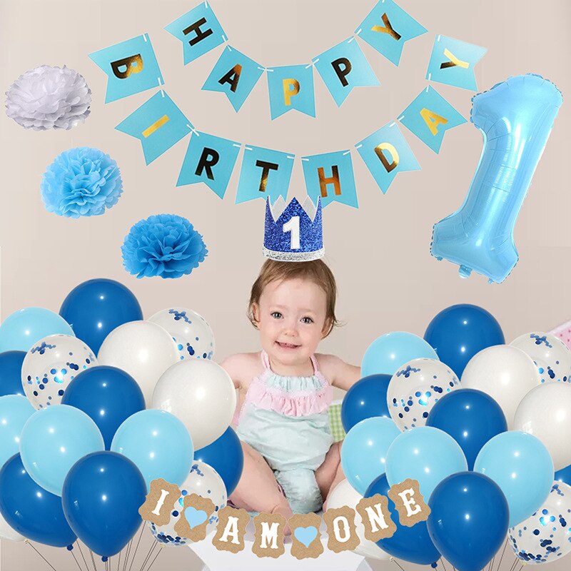 st Birthday Party Blue Balloon Set One Banner Tassel Number Foil Decoration Supplies 