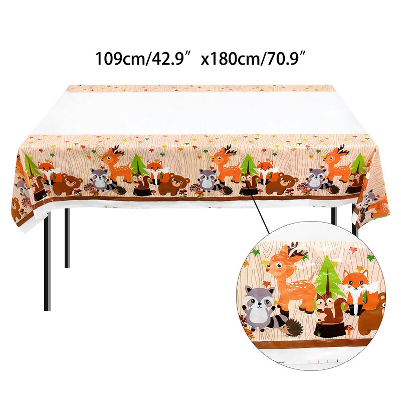 Jungle Animal Theme Disposable Tablecloth Forest Deer Cute Fox Bear Safari Table Cover Kids Happy Birthday Party Decor 