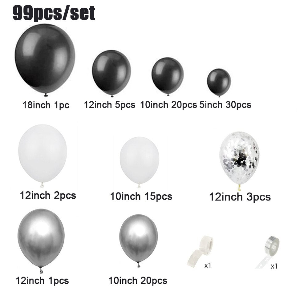 99pcs White Black Balloons Arch Garland Kit Silver Metallic Ballon for Baby Shower Wedding Birthday Anniversary Party Decoration PartyDecorHQ