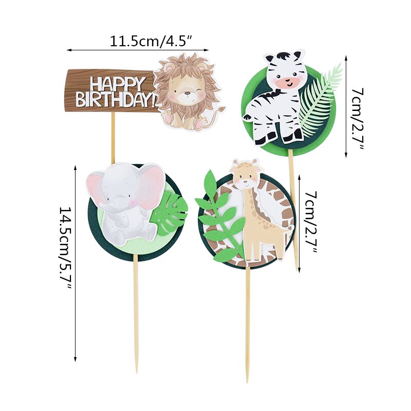 Forest Cartoon Animal Cute Green Leaf Cake Topper Children Birthday Theme Party Lion Giraffe Elephant Monkey Cupcake Insert Card PartyDecorHQ