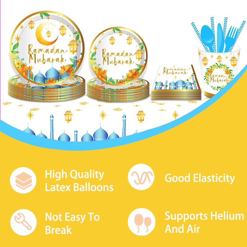 Gold Ramadan Mubarak Party Decoration Disposable Tableware Dinner Plate Cup Tissue Set Festival Arrangement 