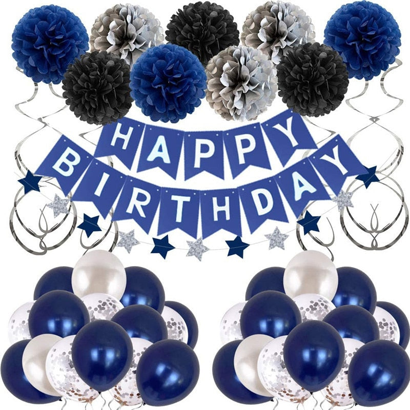 Navy Blue Party Decoration Black Balloon Set Happy Birthday Banner Paper Pompoms st Supplies 