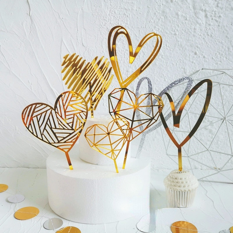 Happy Birthday Acrylic Cake Topper Love Heart Gold Wedding Valentine Anniversary Party Decorations Gift 