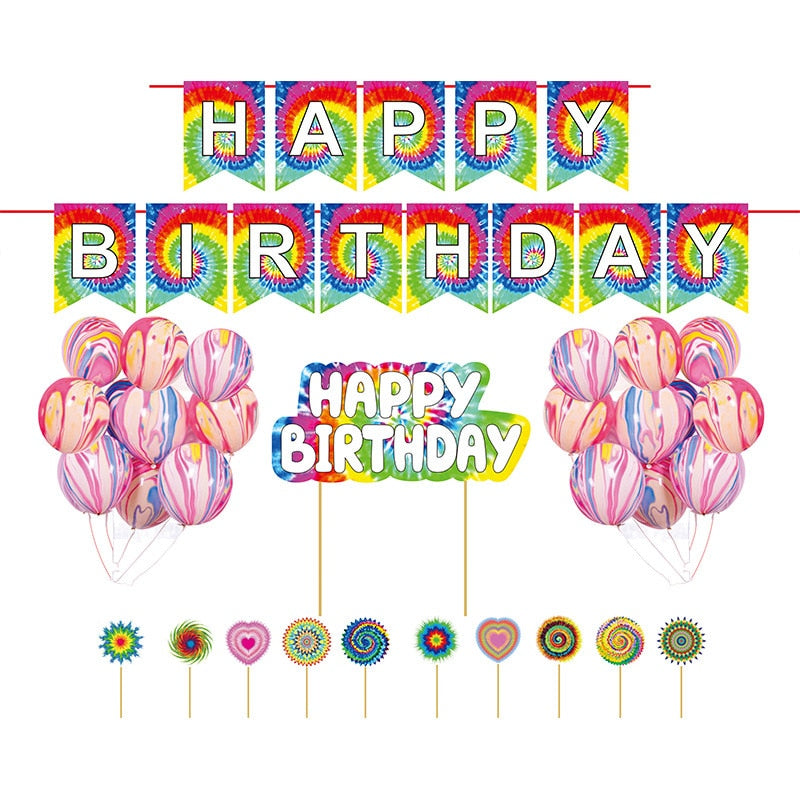 Tie-dye Theme Latex Balloons Set Party Decoration Happy Birthday Banner Cake Topper Girls Supplies 