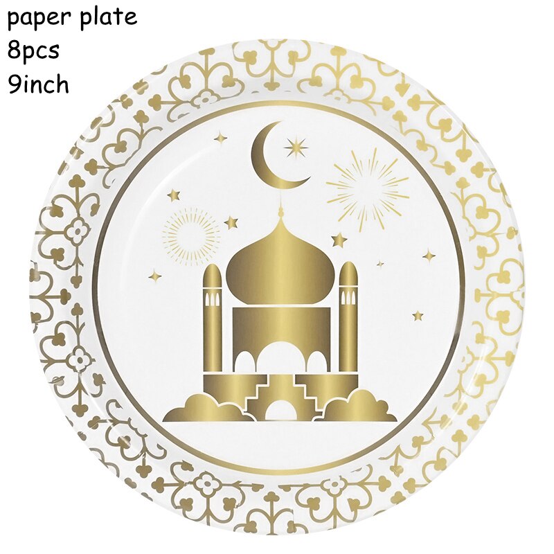 Eid Mubarak Disposable Tableware Gold Black Paper Plate Cup Napkin Ramadan Decoration Islamic Muslim Party Supplies 